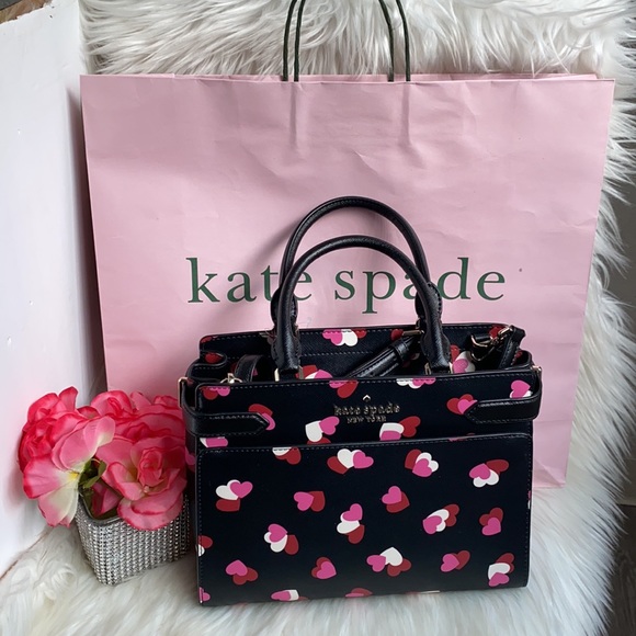 Kate Spade  Staci Flutter Hearts Heart Printed Medium Satchel Black crossbody - Picture 10 of 10